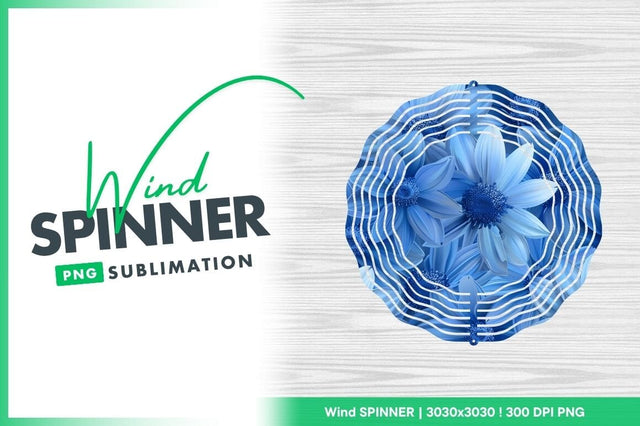 Blue Flower Wind Spinner Round Png Design on Wood Texture Background Sublimation Regulrcrative 