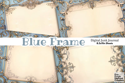 Blue Frame Paper Junk Journal Pages Digital Pattern Fine Purple Elephant Creations 