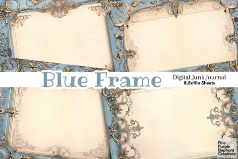 Blue Frame Paper Junk Journal Pages Digital Pattern Fine Purple Elephant Creations 