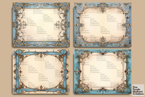 Blue Frame Paper Junk Journal Pages Digital Pattern Fine Purple Elephant Creations 