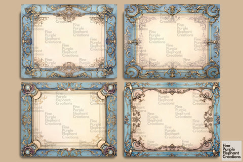 Blue Frame Paper Junk Journal Pages Digital Pattern Fine Purple Elephant Creations 