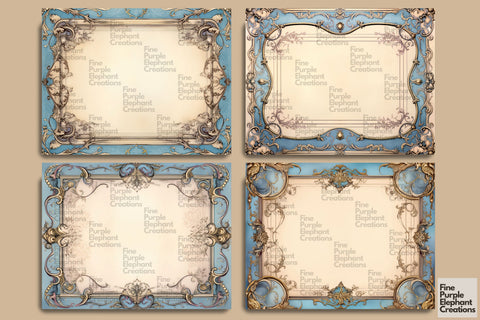 Blue Frame Paper Junk Journal Pages Digital Pattern Fine Purple Elephant Creations 