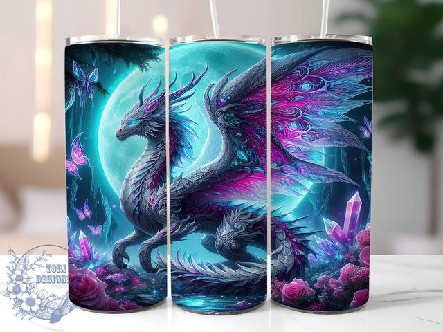 Blue Gem Lotus Dragon Tumbler, Lotus Forest, Seamless Wrap, Sublimation Art, 20oz Tumbler, Fantasy Design, Mythical Theme Sublimation ToriDesigns 