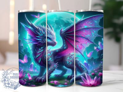 Blue Gem Lotus Dragon Tumbler, Lotus Forest, Seamless Wrap, Sublimation Art, 20oz Tumbler, Fantasy Design, Mythical Theme Sublimation ToriDesigns 