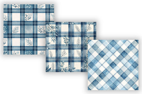 Blue Gingham Checkered Digital Papers, Seamless Watercolor Pattern Bundle, Printable Scrapbook Paper, Farmhouse Floral Design Collection Digital Pattern FloridPrintables 