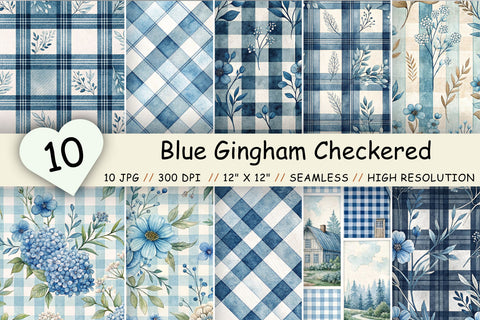 Blue Gingham Checkered Digital Papers, Seamless Watercolor Pattern Bundle, Printable Scrapbook Paper, Farmhouse Floral Design Collection Digital Pattern FloridPrintables 