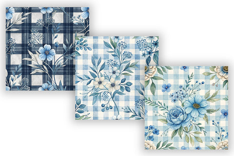 Blue Gingham Checkered Digital Papers, Seamless Watercolor Pattern Bundle, Printable Scrapbook Paper, Farmhouse Floral Design Collection Digital Pattern FloridPrintables 