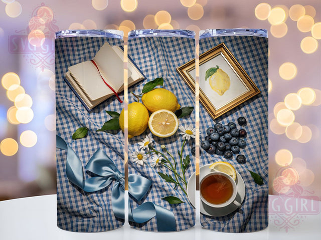 Blue Gingham Lemon Picnic 20oz Tumbler, Blue Gingham, Lemon Design, Picnic Theme, Sublimation Wrap, 20oz Tumbler, Summer Aesthetic, Fresh Charm Sublimation SvggirlplusArt 