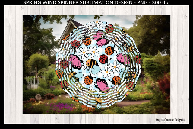 Blue Gingham Spring Ladybug Wind Spinner Sublimation PNG, Whimsical Bee Pink Butterfly Floral Design, Front Porch Patio Decor Digital Download Sublimation Keepsake Treasures Designs LLC. 