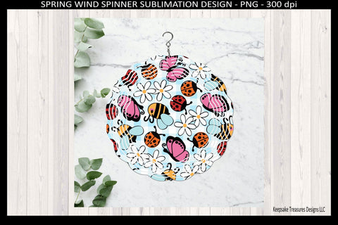 Blue Gingham Spring Ladybug Wind Spinner Sublimation PNG, Whimsical Bee Pink Butterfly Floral Design, Front Porch Patio Decor Digital Download Sublimation Keepsake Treasures Designs LLC. 