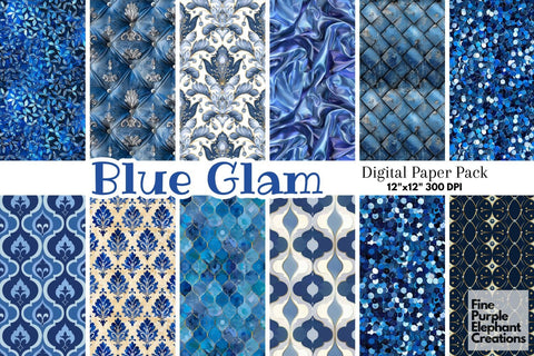 Blue Glam Digital Paper | Luxury Glitter Art Deco Digital Pattern Fine Purple Elephant Creations 