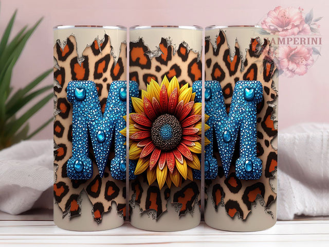 Blue Glitter Leopard Sunflower Mom Tumbler, Blue Glitter Tumbler Wrap, Leopard Sunflower Sublimation, 20oz Skinny Tumbler Wrap, Wild Mom Tumbler Design, Boho Mom Sublimation Wrap Sublimation Li Zamperini 