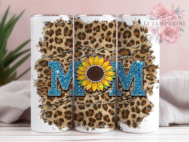 Blue Glitter Leopard Sunflower Mom Tumbler, Blue Glitter Tumbler Wrap, Leopard Sunflower Sublimation, 20oz Skinny Tumbler Wrap, Wild Mom Tumbler Design, Boho Mom Sublimation Wrap Sublimation Li Zamperini 