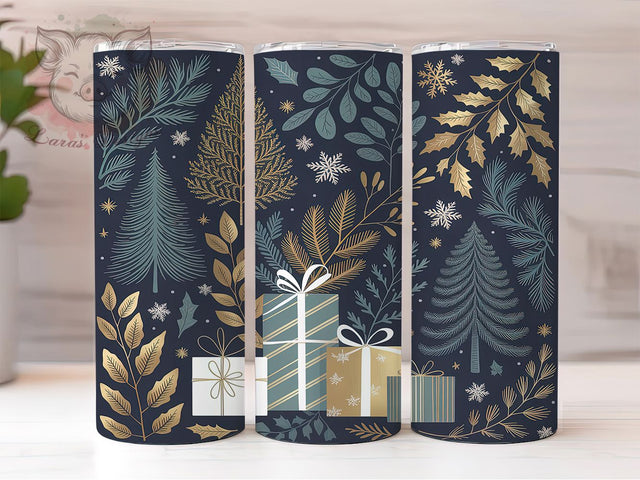 Blue Gold Christmas Trees Tumbler, Christmas Trees, Holiday Wrap, Festive Tumbler, Winter Pattern, 20oz Tumbler, Sublimation Print Sublimation Lara' s Designs 
