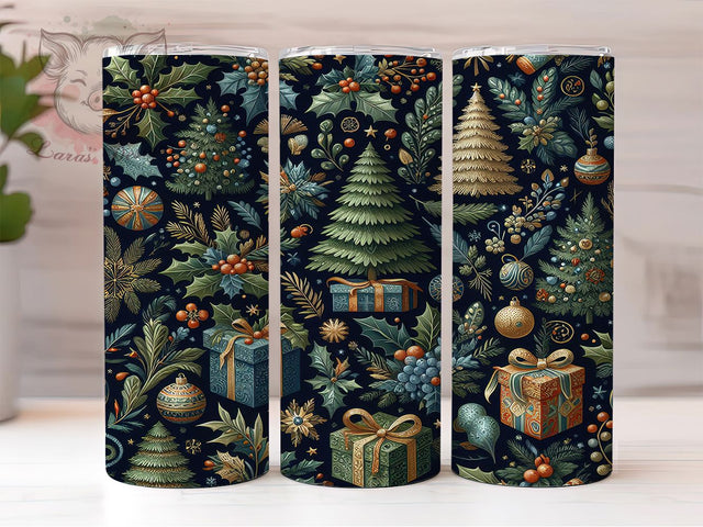 Blue Gold Christmas Trees Tumbler, Christmas Trees, Holiday Wrap, Festive Tumbler, Winter Pattern, 20oz Tumbler, Sublimation Print Sublimation Lara' s Designs 