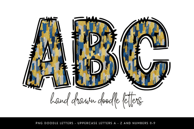 Blue Gold Doodle Alphabet PNG – Uppercase A-Z and Numbers 0-9 Sublimation BijouBay 