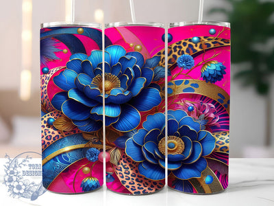 Blue Gold Floral Leopard Tumbler, Floral Leopard Pattern, Elegant Cheetah Design, 20Oz Sublimation Wrap, Luxury Floral Animal Print, Gold Accent Leopard Texture, Tumbler Sublimation Sublimation ToriDesigns 