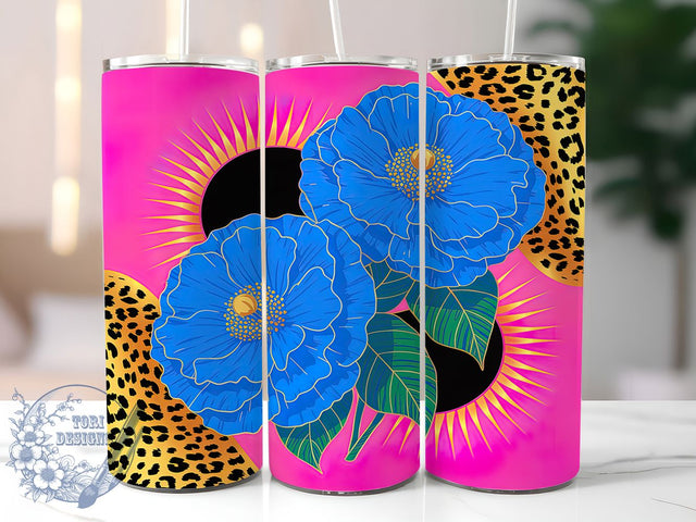 Blue Gold Floral Leopard Tumbler, Floral Leopard Pattern, Elegant Cheetah Design, 20Oz Sublimation Wrap, Luxury Floral Animal Print, Gold Accent Leopard Texture, Tumbler Sublimation Sublimation ToriDesigns 