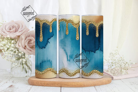 Blue Gold Glitter Drips Tumbler Wrap Sublimation sassyprint 