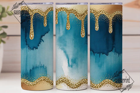Blue Gold Glitter Drips Tumbler Wrap Sublimation sassyprint 