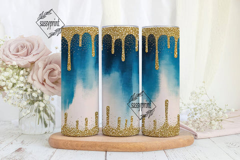 Blue Gold Glitter Drips Tumbler Wrap Sublimation sassyprint 