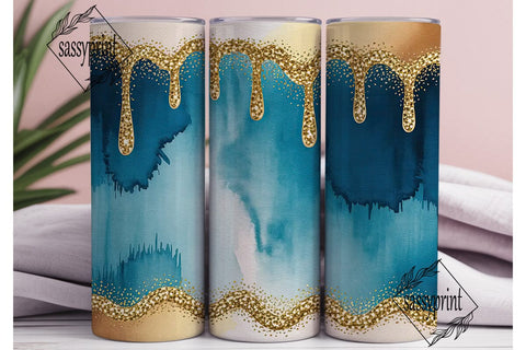 Blue Gold Glitter Drips Tumbler Wrap Sublimation sassyprint 