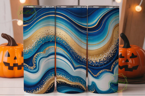 Blue Gold Ocean Marble Tumbler Wrap PNG Sublimation PixelChick 