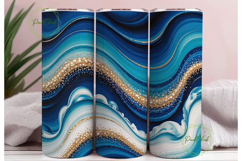 Blue Gold Ocean Marble Tumbler Wrap PNG Sublimation PixelChick 
