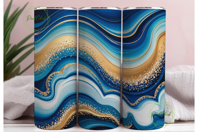 Blue Gold Ocean Marble Tumbler Wrap PNG Sublimation PixelChick 