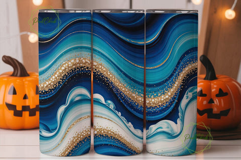 Blue Gold Ocean Marble Tumbler Wrap PNG Sublimation PixelChick 
