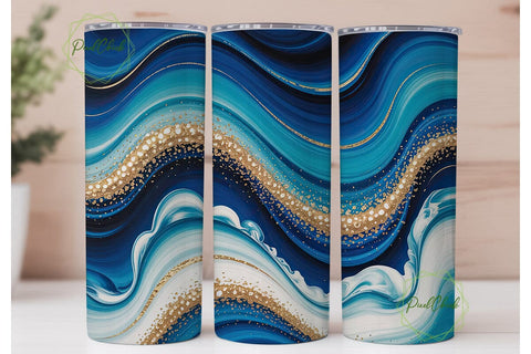 Blue Gold Ocean Marble Tumbler Wrap PNG Sublimation PixelChick 