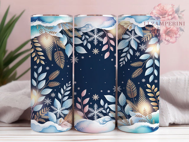 Blue Gold Snowflake Christmas Tumbler, Elegant Snowflake Design, Winter Holiday Tumbler, 20Oz Sublimation Wrap, Gold Snowflake Pattern, Blue Christmas Theme, Tumbler Sublimation Sublimation Li Zamperini 