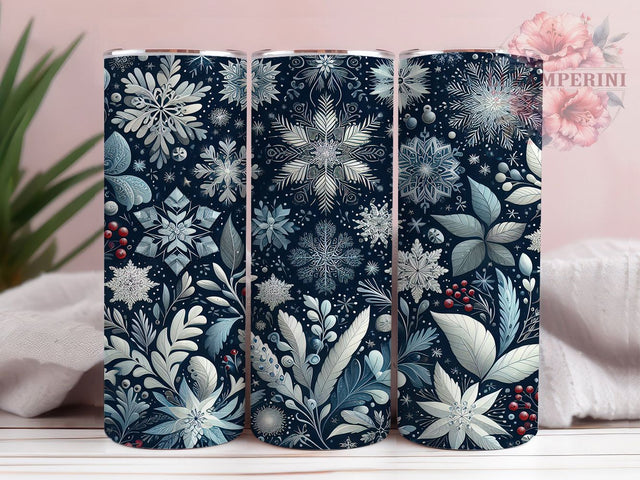 Blue Gold Snowflake Christmas Tumbler, Elegant Snowflake Design, Winter Holiday Tumbler, 20Oz Sublimation Wrap, Gold Snowflake Pattern, Blue Christmas Theme, Tumbler Sublimation Sublimation Li Zamperini 