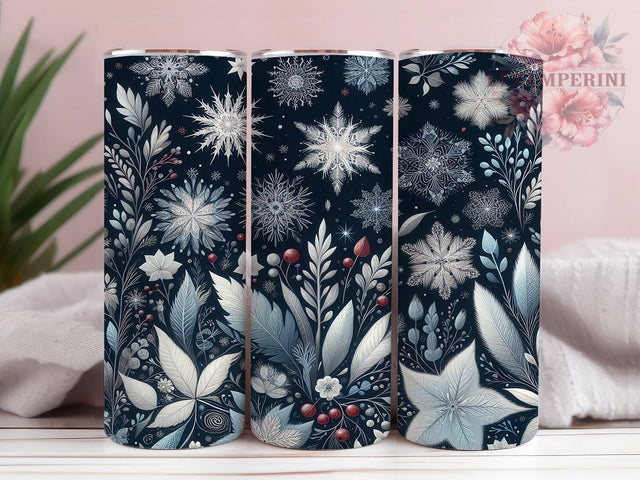 Blue Gold Snowflake Christmas Tumbler, Elegant Snowflake Design, Winter Holiday Tumbler, 20Oz Sublimation Wrap, Gold Snowflake Pattern, Blue Christmas Theme, Tumbler Sublimation Sublimation Li Zamperini 