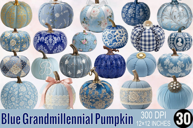 Blue Grandmillennial Pumpkin Clipart Bundle. Sublimation SVGArt 