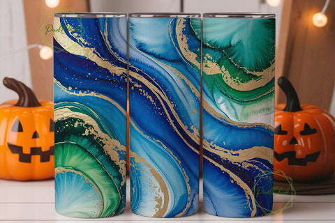 Blue Green Gold Marble Tumbler Wrap PNG Sublimation PixelChick 