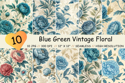 Blue Green Vintage Floral Pattern, Digital Paper, Seamless Pattern Digital Pattern FloridPrintables 
