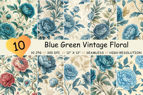 Blue Green Vintage Floral Pattern, Digital Paper, Seamless Pattern Digital Pattern FloridPrintables 
