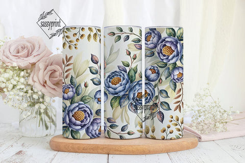 Blue Grey Floral 20oz Tumbler Wrap Sublimation sassyprint 