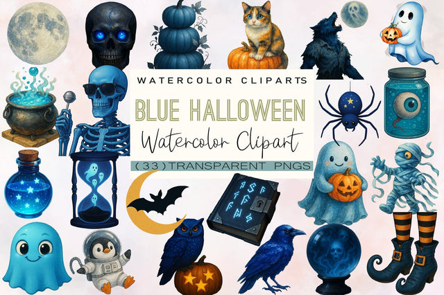 Blue Halloween Watercolor Clipart Sublimation SVGArt 