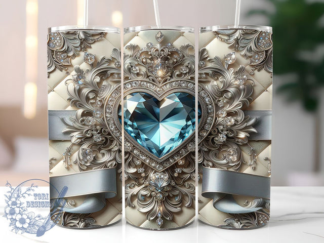 Blue Heart Diamond Bow Tumbler, Diamond Bow Wrap, Glitter Sublimation Design, Elegant Blue Cup, 20Oz Skinny Tumbler Wrap, Sparkling Holiday Mug, Glamorous Bow Design Sublimation ToriDesigns 