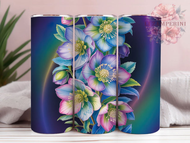 Blue Hellebores Sky Bloom 20oz Tumbler, Luminous Flowers, Sky Blue, Lavender Bloom, Turquoise Petals, Skinny Tumbler, Sublimation PNG Sublimation Li Zamperini 
