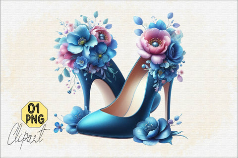 Blue High Heels with Beautiful Flowers Sublimation Clipart Sublimation SVGArt 