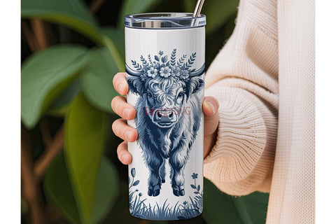 Blue Highland Cow Floral 20oz Tumbler Sublimation DesignSVG 