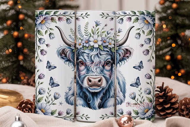 Blue Highland Cow Floral 20oz Tumbler Sublimation DesignSVG 