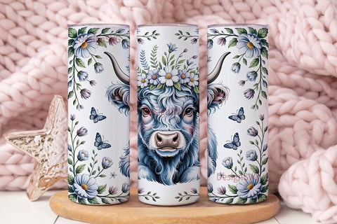 Blue Highland Cow Floral 20oz Tumbler Sublimation DesignSVG 