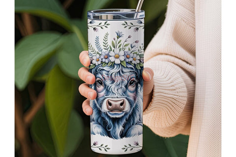 Blue Highland Cow Floral 20oz Tumbler Sublimation DesignSVG 