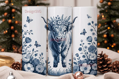 Blue Highland Cow Floral 20oz Tumbler Sublimation DesignSVG 
