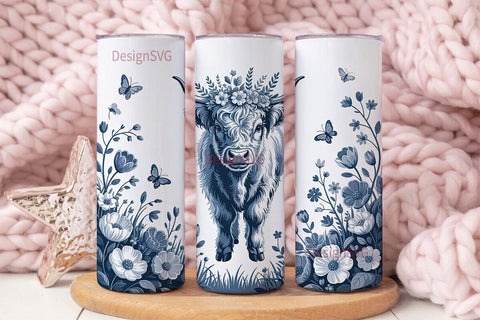 Blue Highland Cow Floral 20oz Tumbler Sublimation DesignSVG 