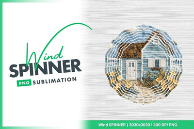 Blue House Wind Spinner Round Png Design with Floral Accents Sublimation Regulrcrative 